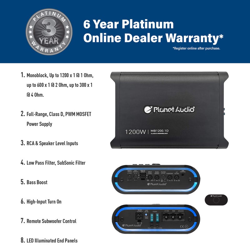 Planet Audio MB1200.1D Mini Bang Series Class D Car Amplifier - 1200 High Output, Low/High Level Inputs, Low/High Pass Crossover, Bass for Subwoofer - Image 2